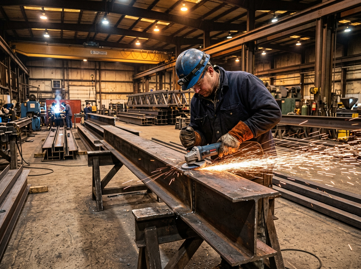 Steel fabricator grinding metal